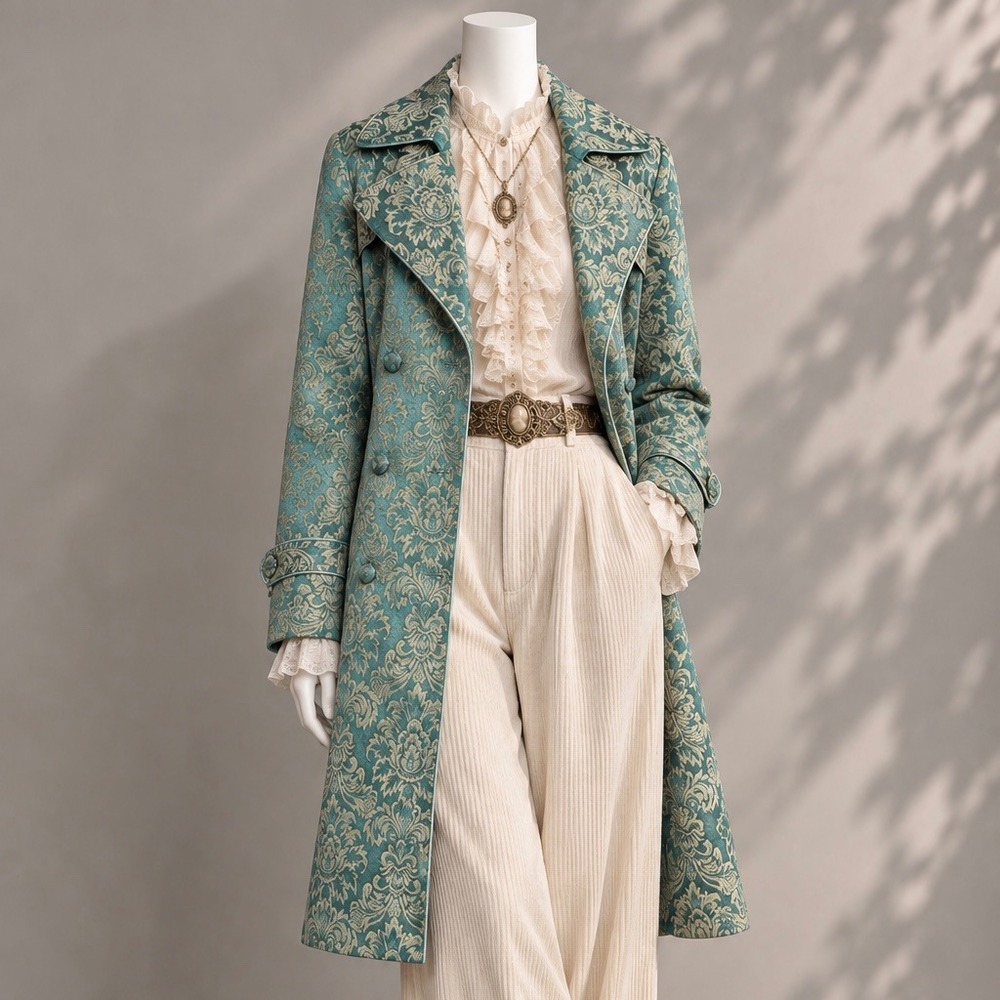 Heart Moon Star Y2K Damask Coat M/L Green Victorian Brocade Belted Long Jacket